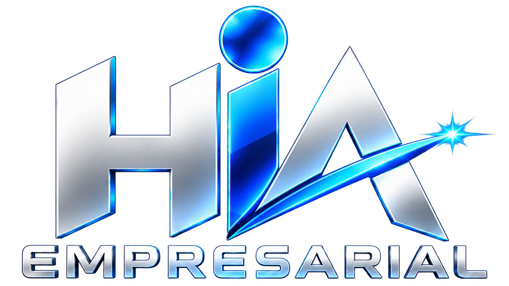 Logotipo aprobado HIA Empresarial: letras plateadas, I azul y curva luminosa